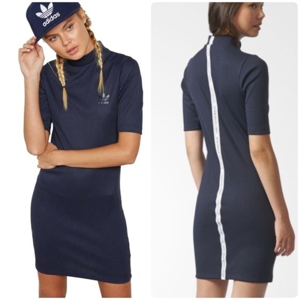 Adidas Women's Navy Ribbed Fitted Athleisure Dress with White Logo Stripe